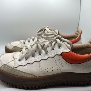 Chloé White Leather Sneakers with Orange Accent